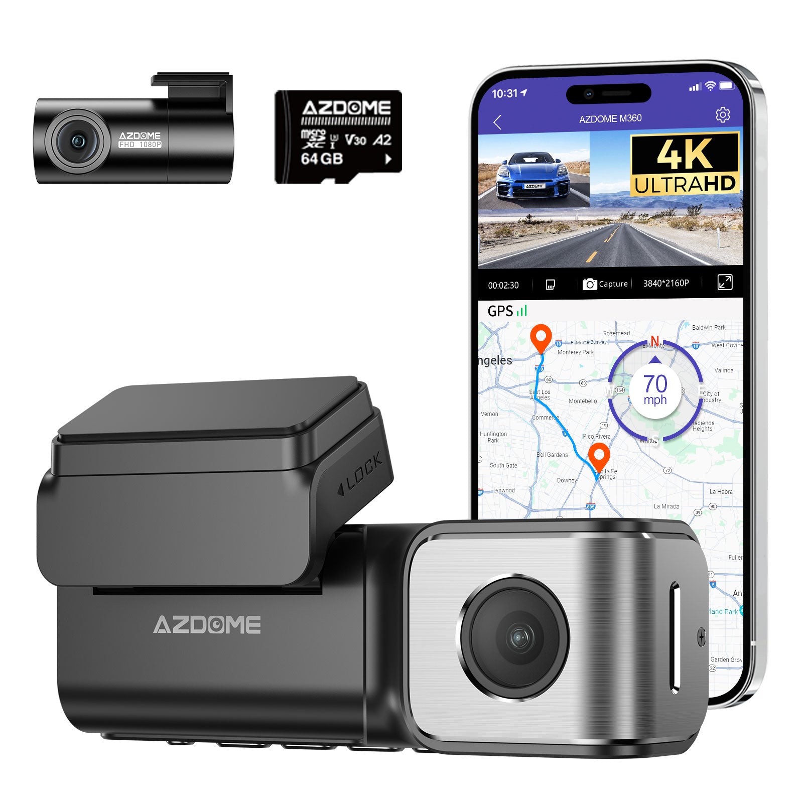 AZDome M360 2CH 4K Wifi GPS 64gb Dashcam