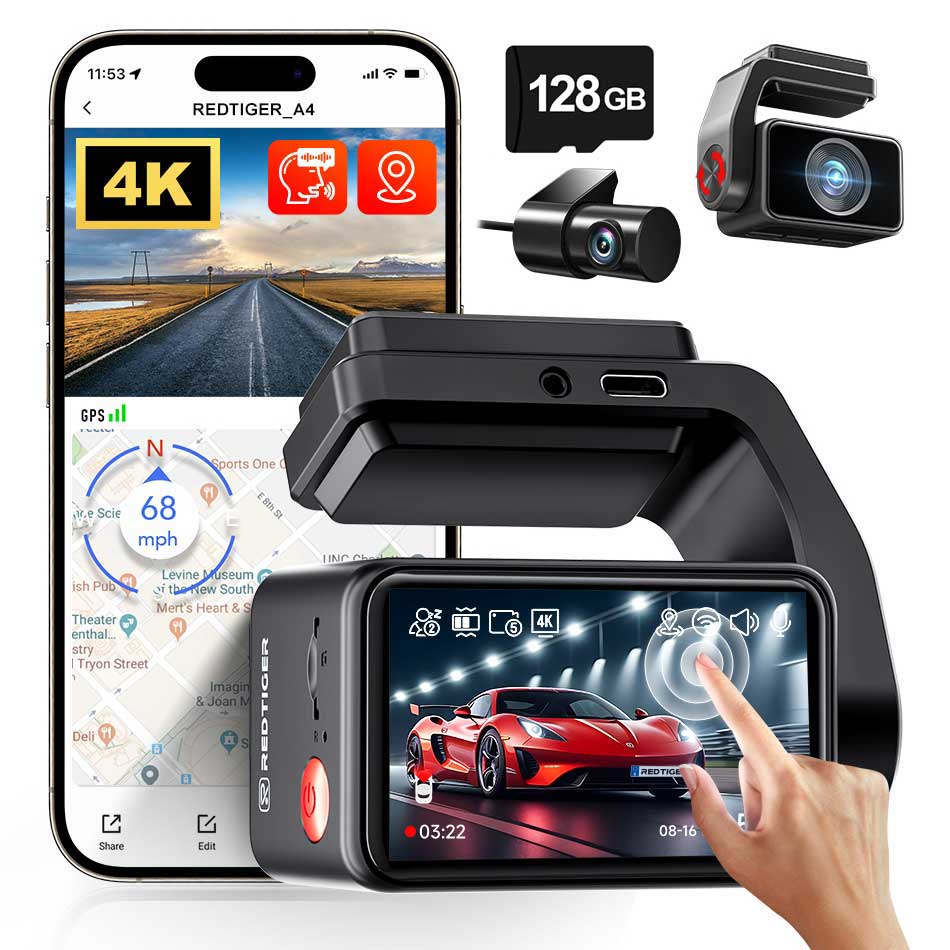 Redtiger F4 Pro 2CH 4K Touch Wifi GPS 128gb Dashcam