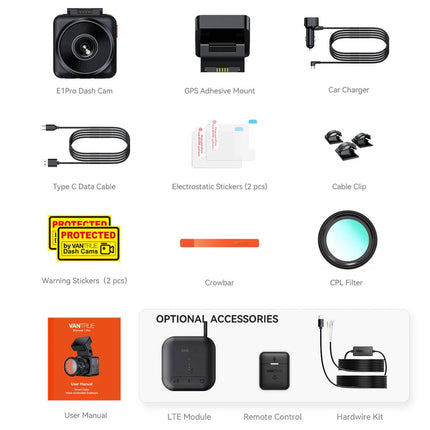 Vantrue E1 Pro Cloud 4K Wifi GPS Dashcam