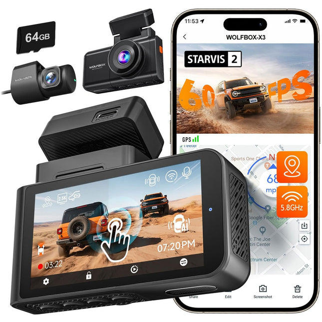 Wolfbox X3 Touch 2CH 2K Wifi GPS 64gb Dashcam