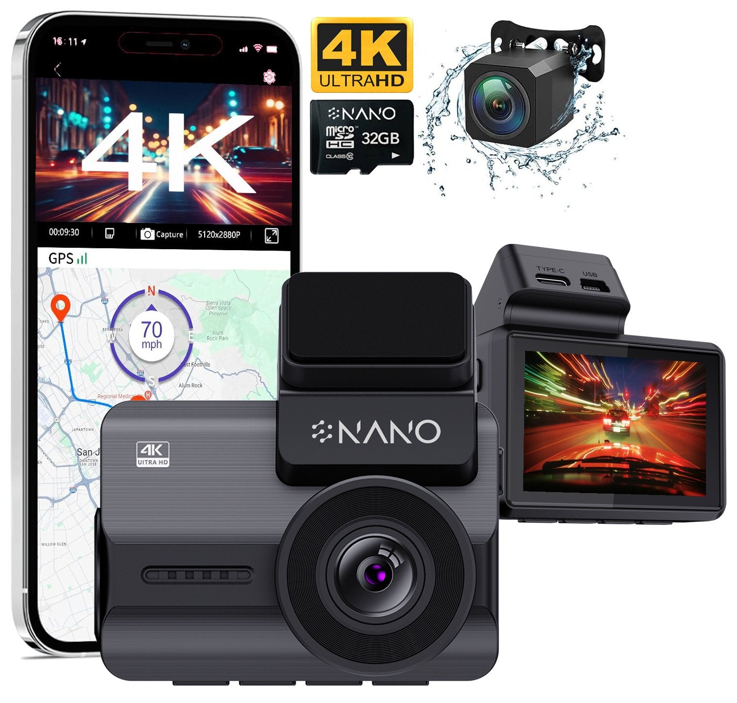 Nanocam M68 4K 2CH Wifi GPS 32gb Dashcam